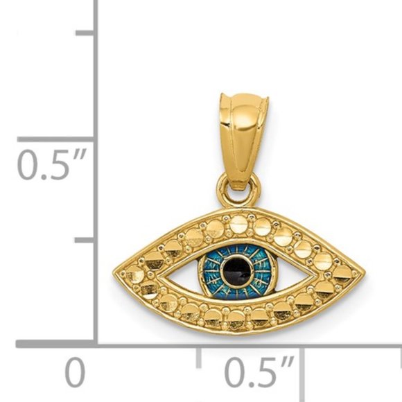 14k Yellow Gold Mini Evil Eye Necklace Charm Pendant, diamond-cut w blue enamel - Picture 2 of 4